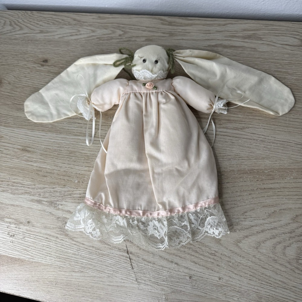 Handmade Cream Floppy Eared Bunny Rabbit Plush Animal Doll Primitive Cottagecore